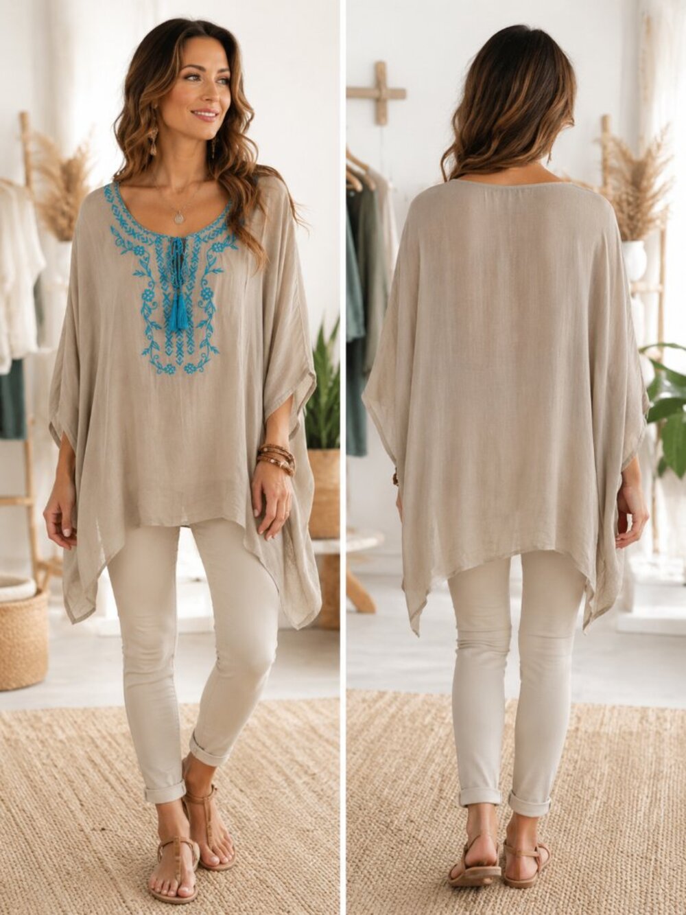 Taupe Boho Style Tunic Top with Turquoise Embroidery and Tassel Tie Bodice NWT